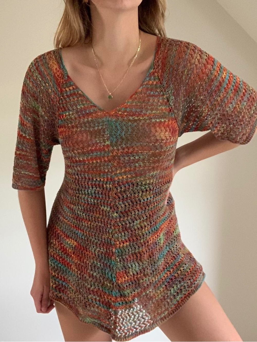 DressBarn multicolored sweater/coverup features a loose, crochet-style weave med